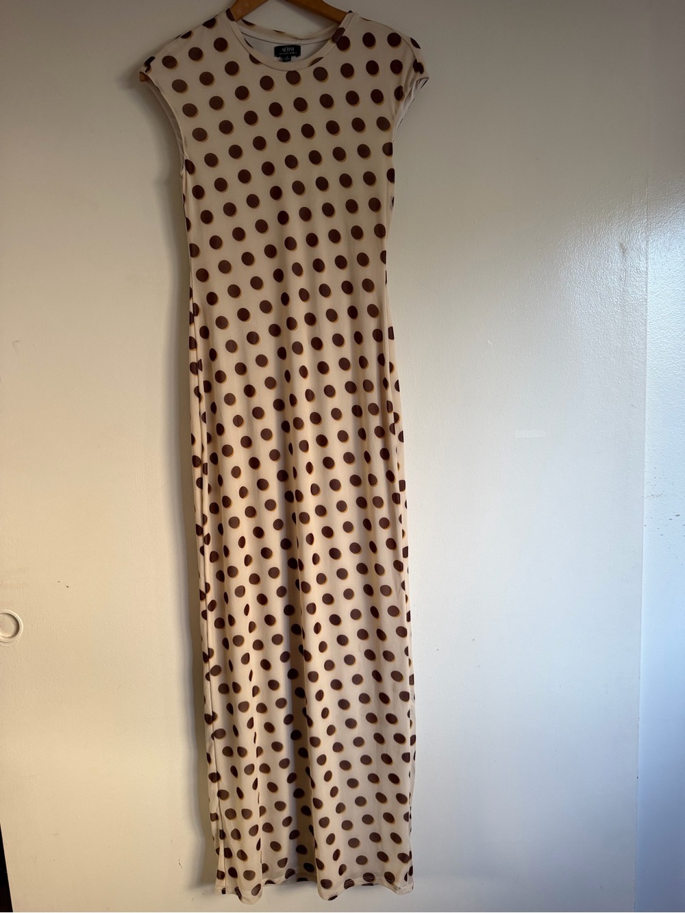AFRM Cream Maxi Dress with Brown Polka Dots and Cap Sleeves